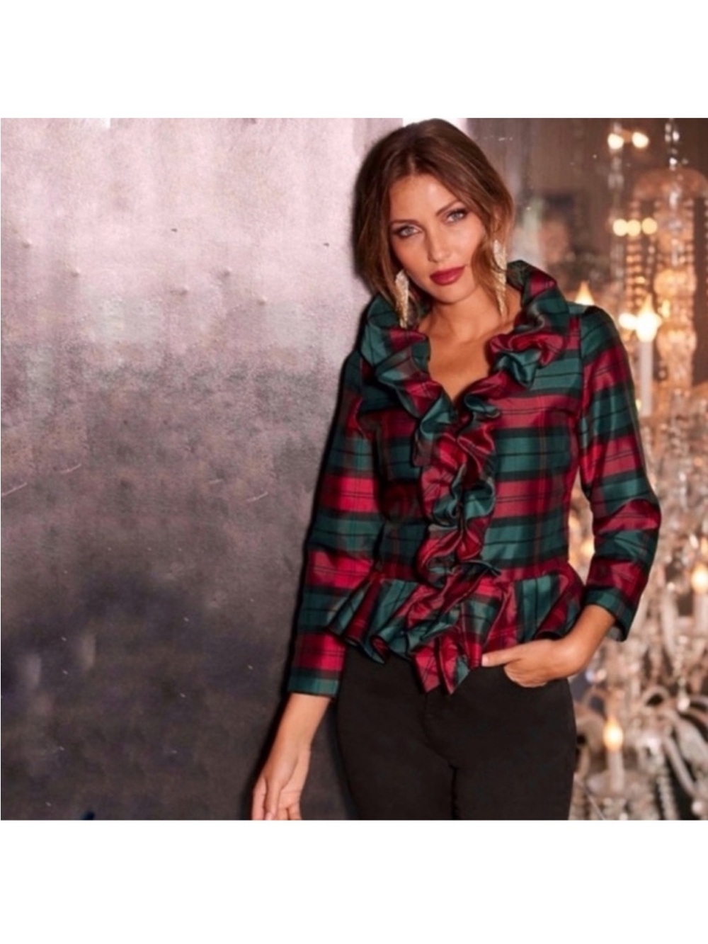 Boston Proper Women’s Ruffle V-Neckline Plaid Peplum Puff Sleeve Blouse
